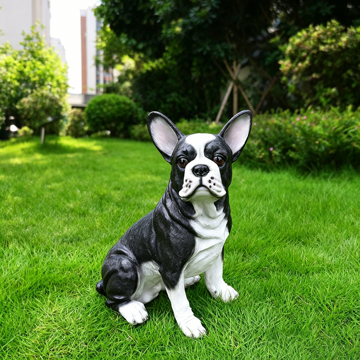 Lifelike French Bulldog Statue, Hand-Painted Resin, 17-Inch, Black and White
