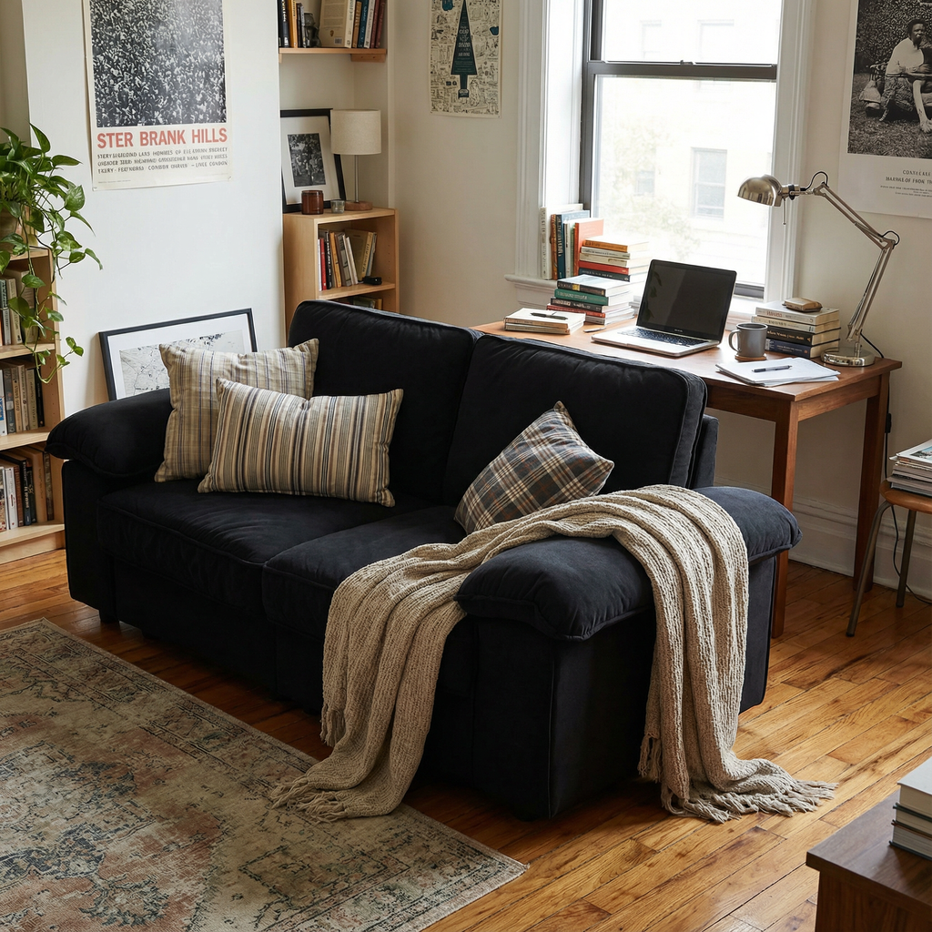 Compact Black Velvet 2-Seater Sofa with Hidden Storage