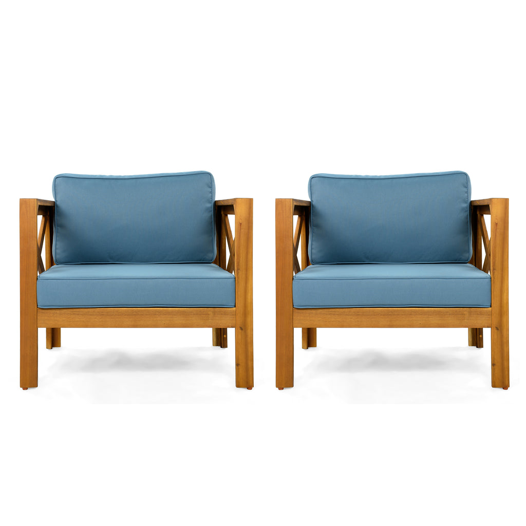 Outdoor Acacia Wood Club Wooden Armchair with Cushions (Set of 2)