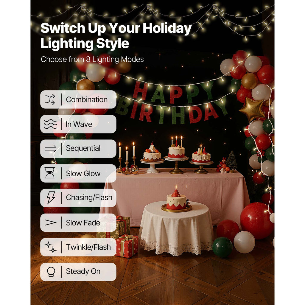 LED Christmas String Lights - 200 LED, 76 ft Connectable Warm