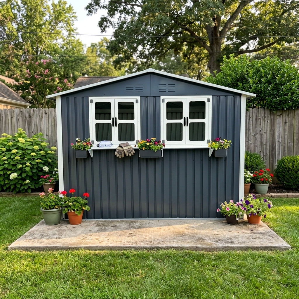 9x6 FT Outdoor Metal Storage Shed with Window & Flower Rack
