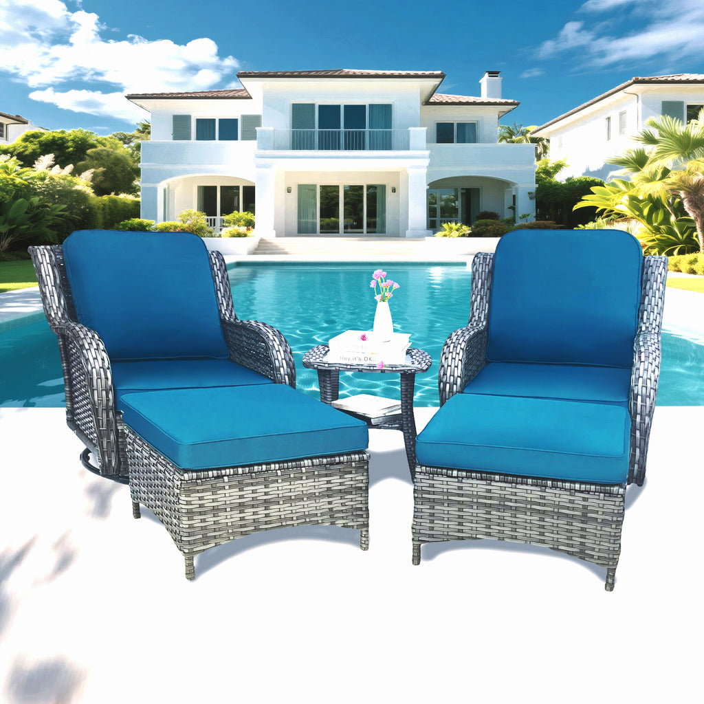 5-Piece Wicker Patio Sectional Set with Swivel Rockers, Ottomans, and Side Table