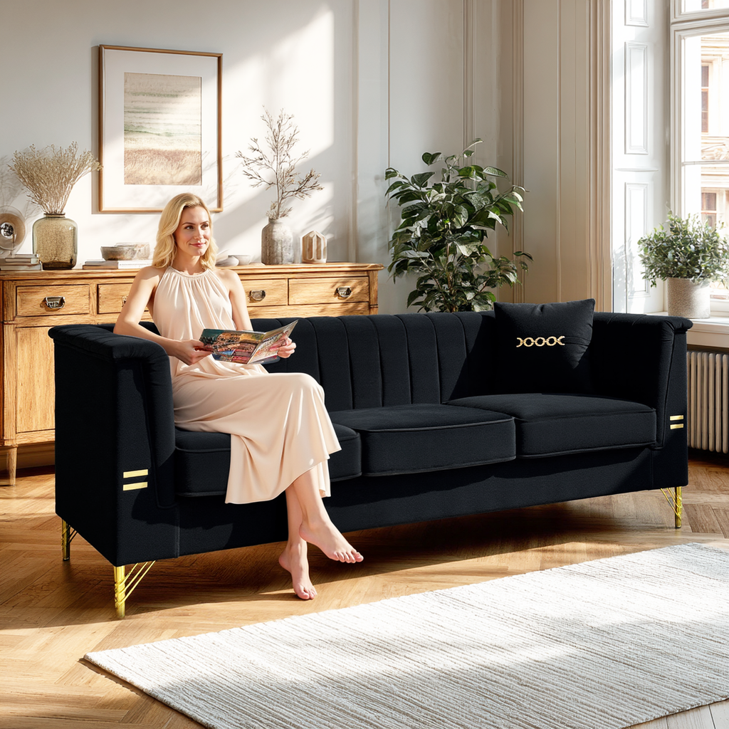 FX-P82-BK2 Modern Velvet 3-Seater Sofa