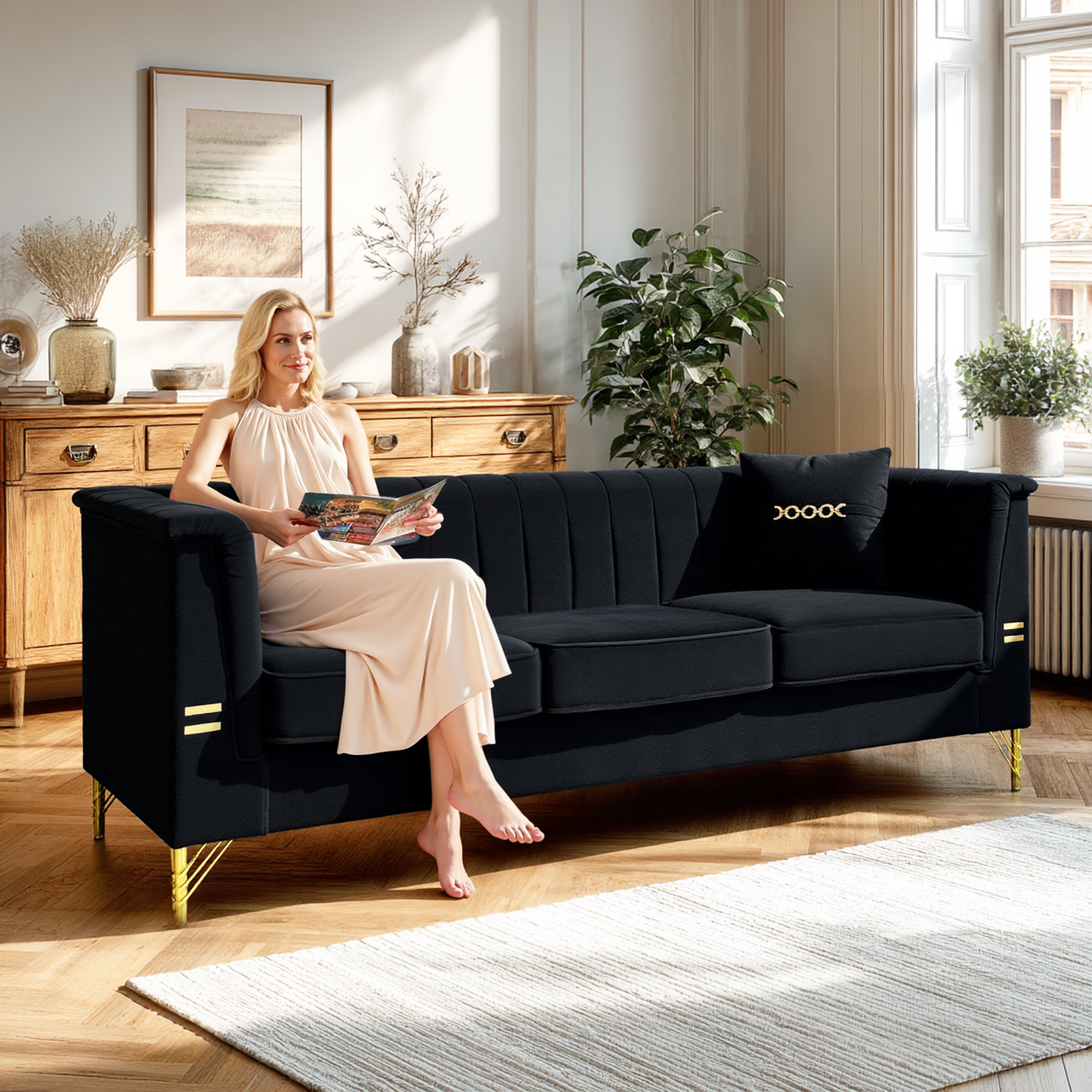 FX-P82-BK2 Modern Velvet 3-Seater Sofa