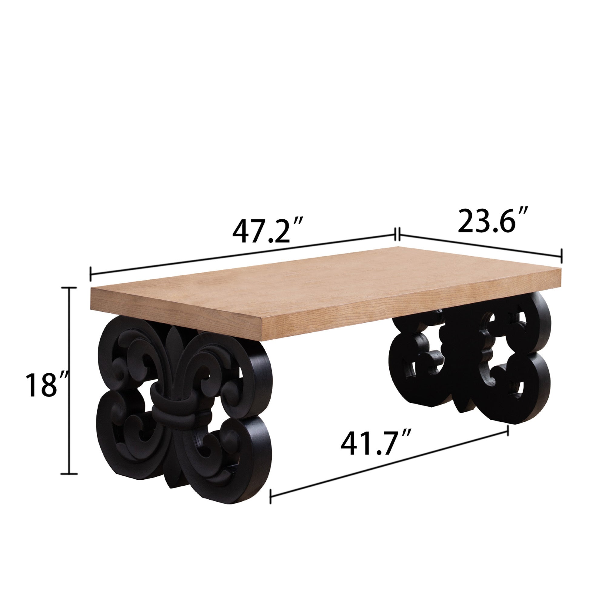 Black Scroll Base Coffee Table – 47" Rectangular Wood Living Room Table