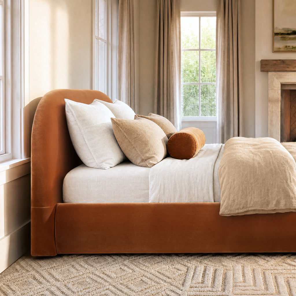 Archie Puffy Grounded Upholstered Platform Bed, King, Burnt