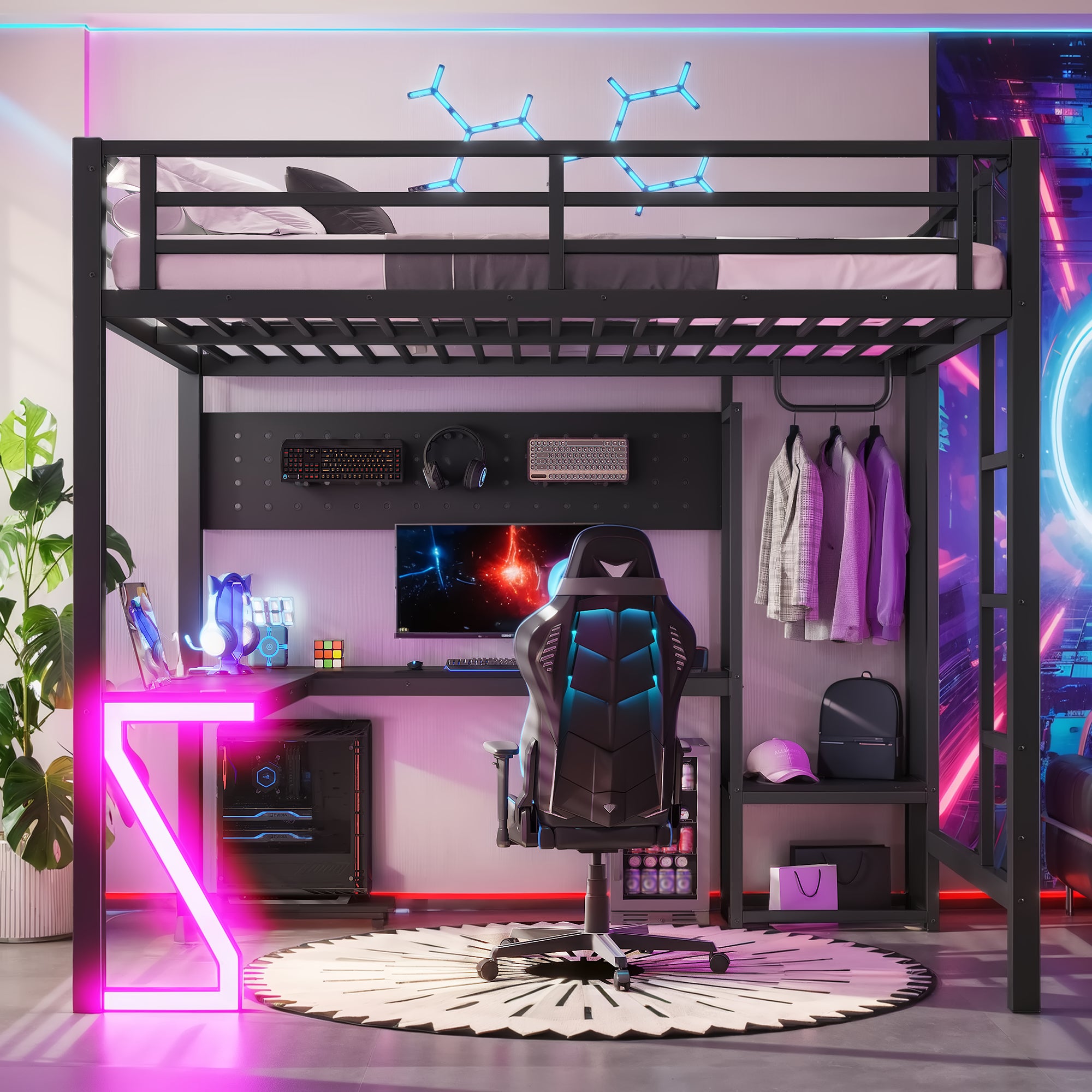 Full Loft Bed with L-shaped Desk and USB Ports