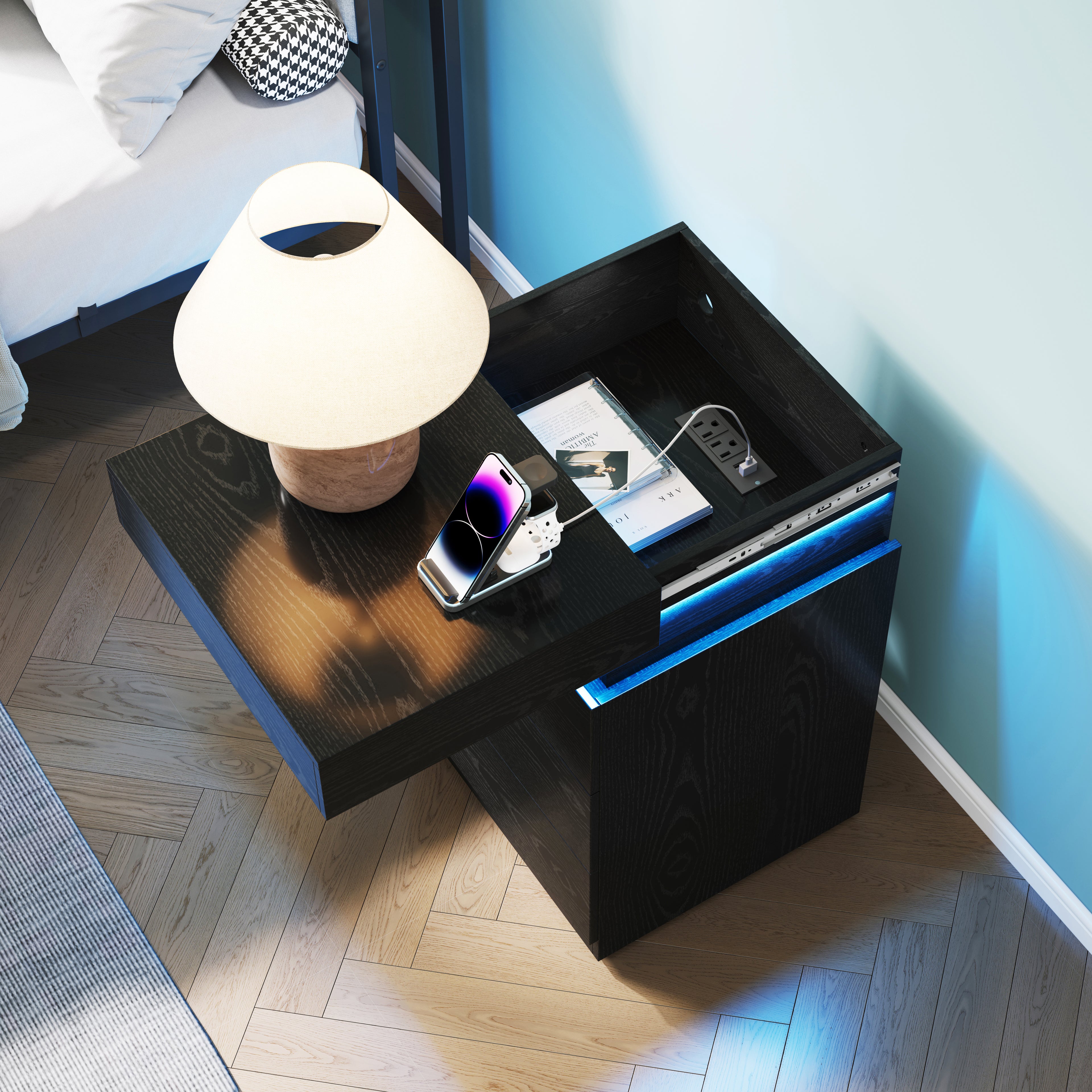 Nightstand with Built-In Charging Station and LED Lighting