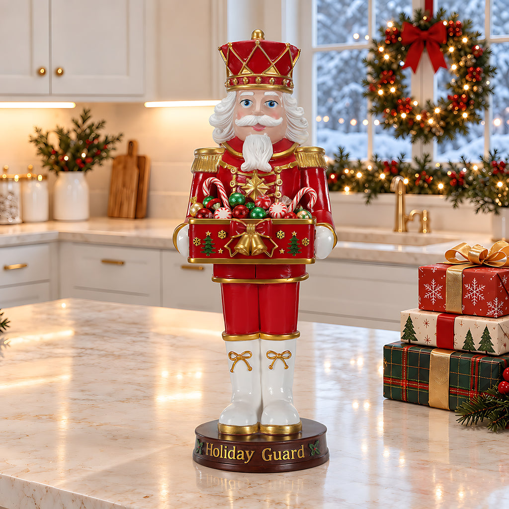 Christmas Nutcracker Soldier Statue with Serving Tray, Red and White