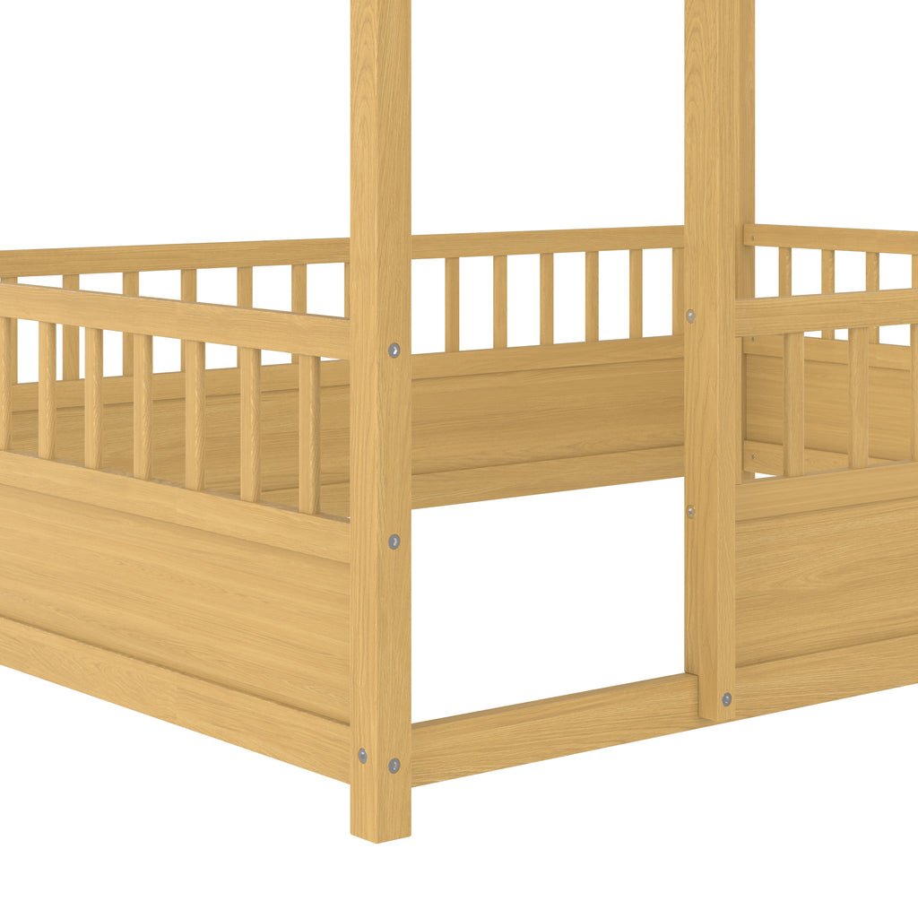 Full Size Floor Wooden Bed with House Roof Frame