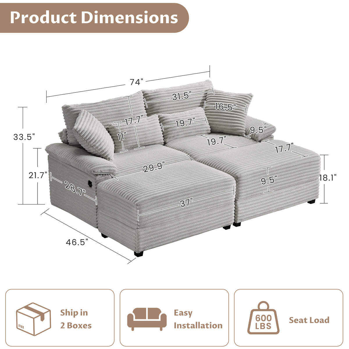 Double Chaise Lounge Set with Reversible Ottoman