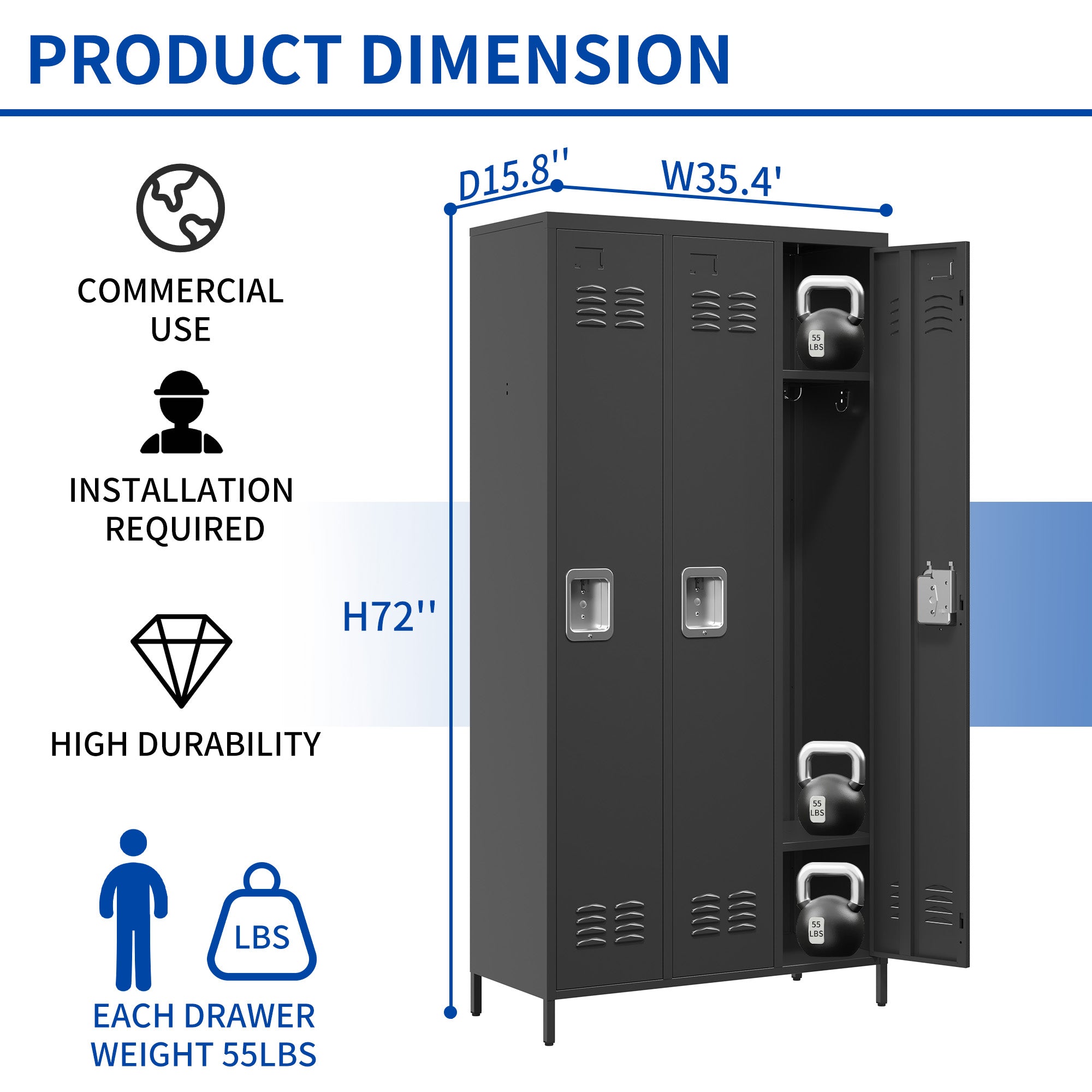 3 Door 72"H Metal Lockers With Lock for Employees