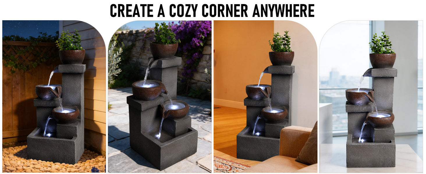 Outdoor Water Fountain Tiered Cascading Jar Waterfall Resin Garden Patio Decor with LED Lights