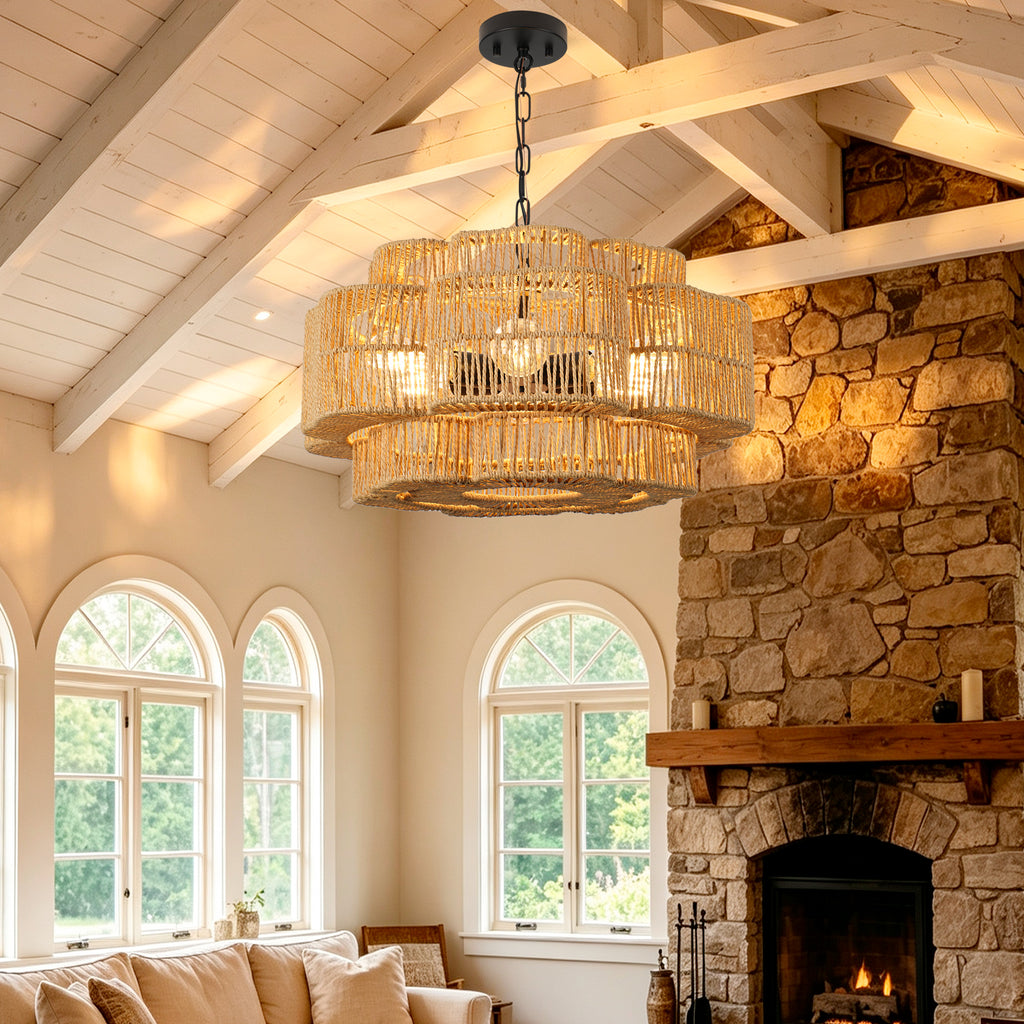 21.65-Inch 2-Tier Paper Rope Chandelier, Black Metal, 6-Light Pendant