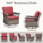 2 Piece Swivel Rocker Patio Chairs Set with 5-Inch Armrest and Thick Cushion, Gray/Red