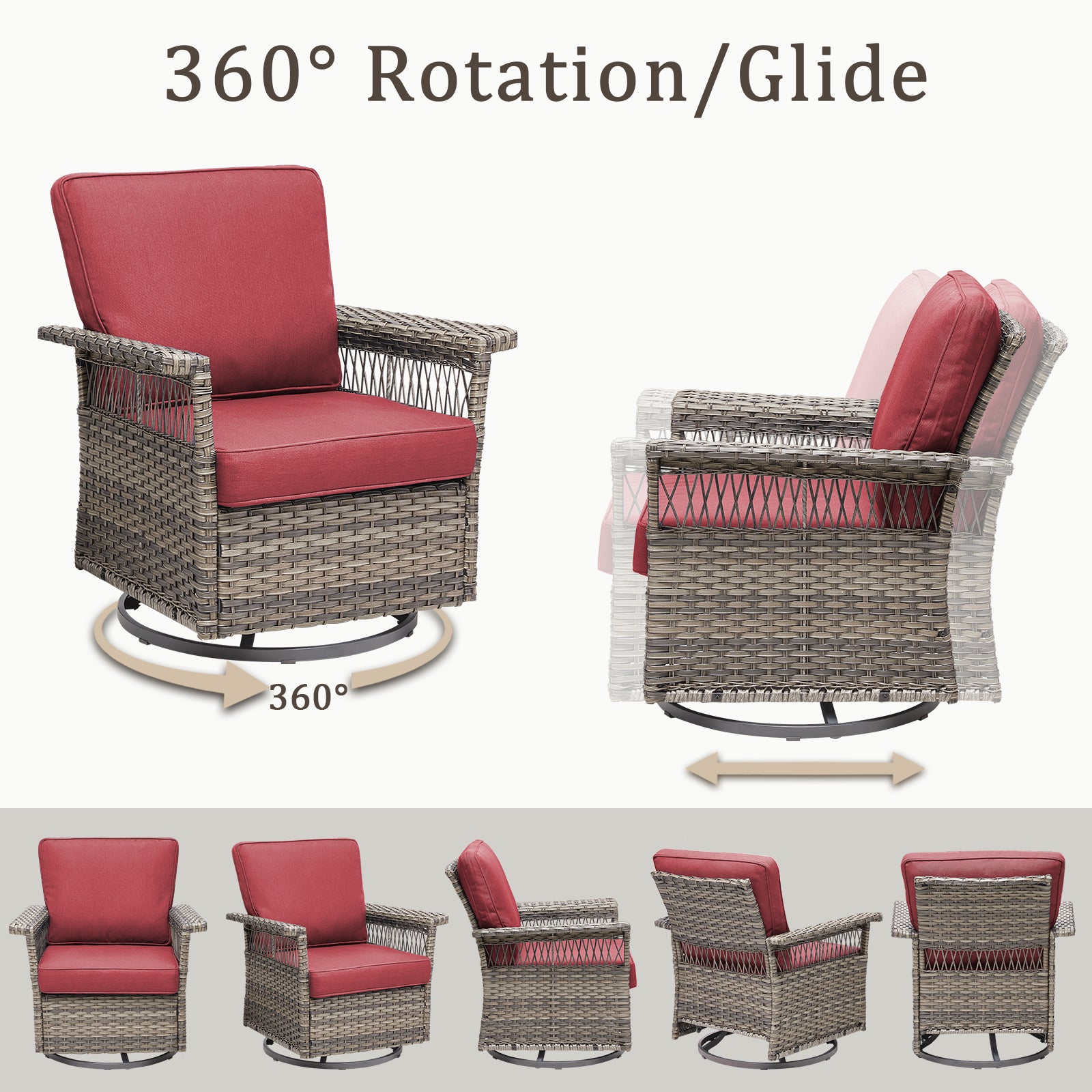 2 Piece Swivel Rocker Patio Chairs Set with 5-Inch Armrest and Thick Cushion, Gray/Red