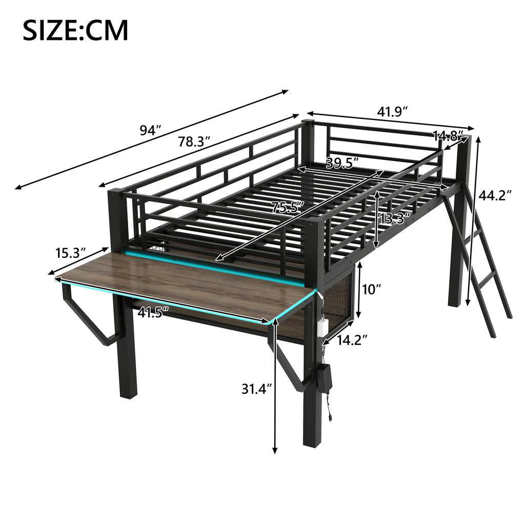 Gaming Mid Loft Bed With Desk & LED, Twin Size