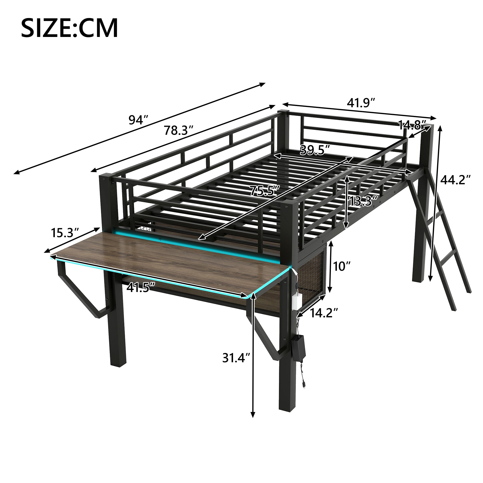 Gaming Mid Loft Bed With Desk & LED, Twin Size