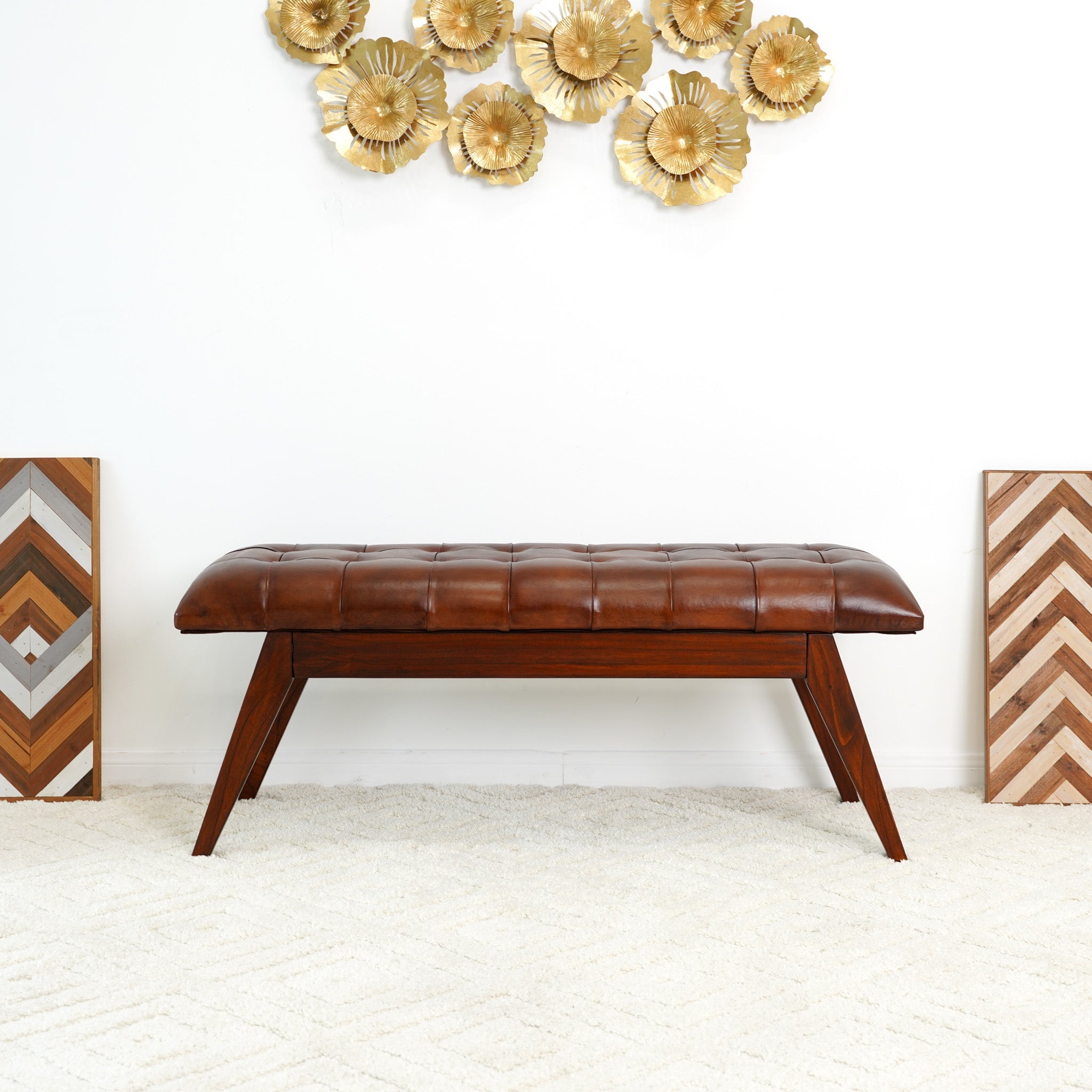 Maja Mid Century Modern Tan Leather Bench