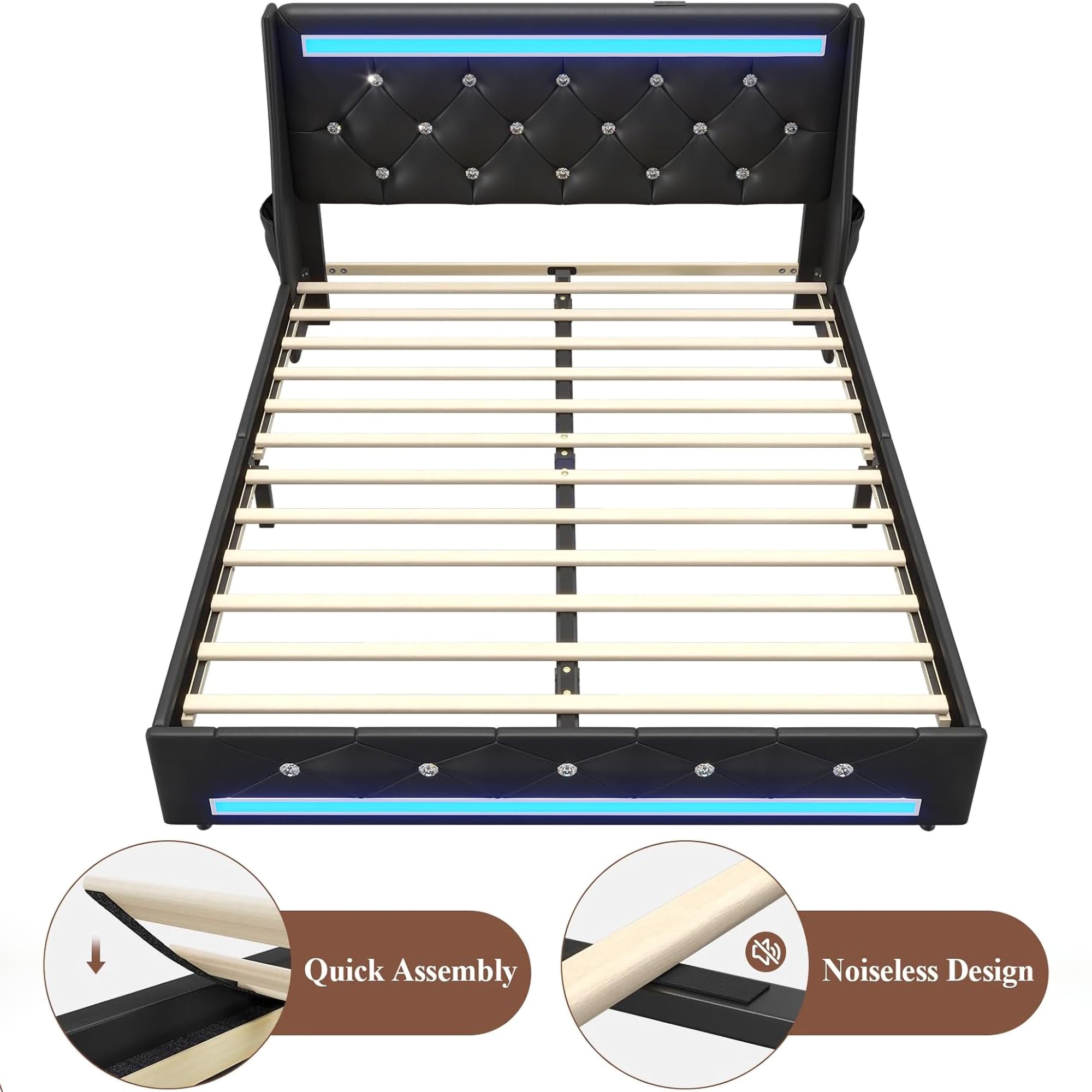 Full Size Bed Frame with LED Lights & Charging Station
