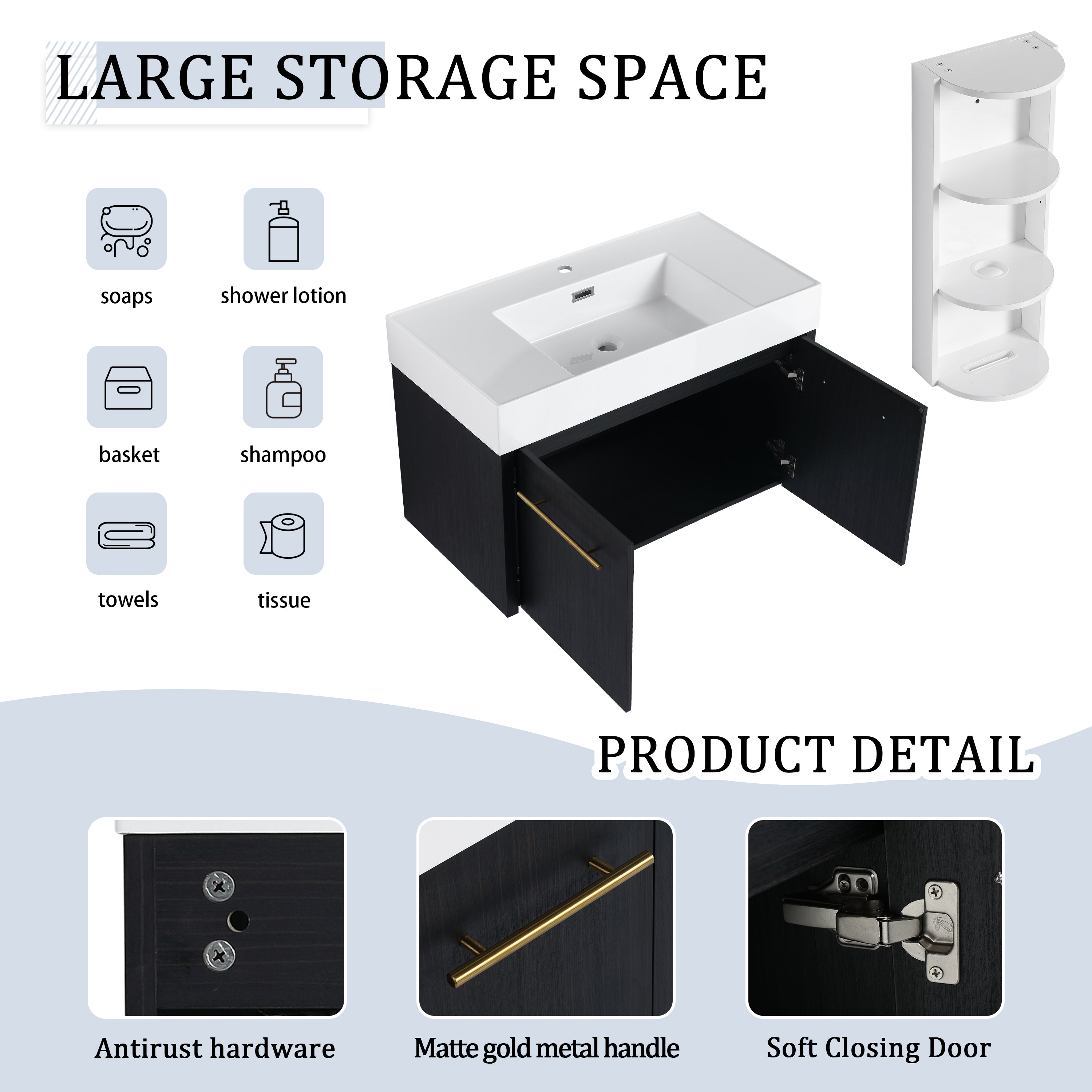 36 Inch Wall-Mounted Bathroom Vanity with Sink and Storage Rack