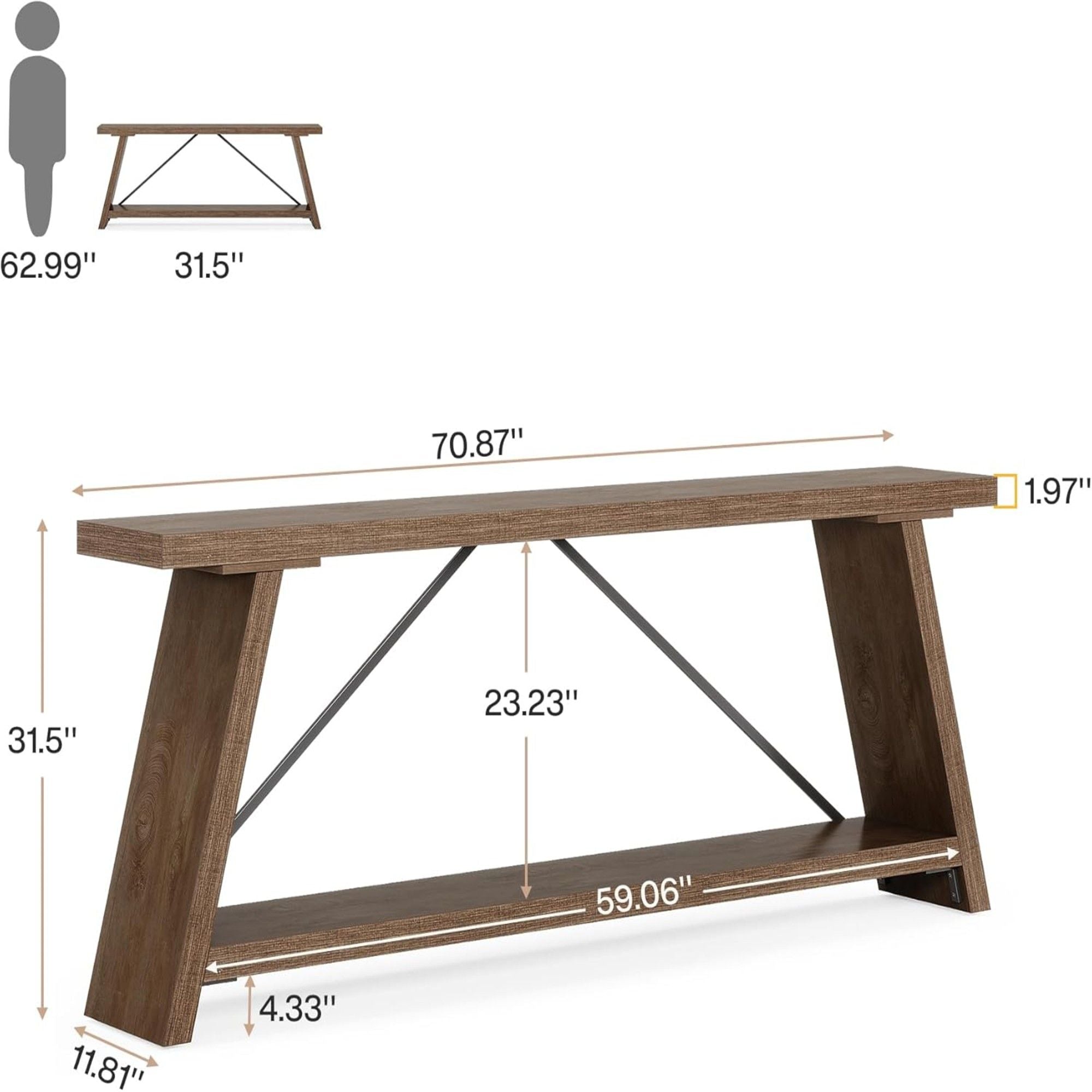 Console Table Extra Long Sofa Table With 2 Tier Shelves For Living Room