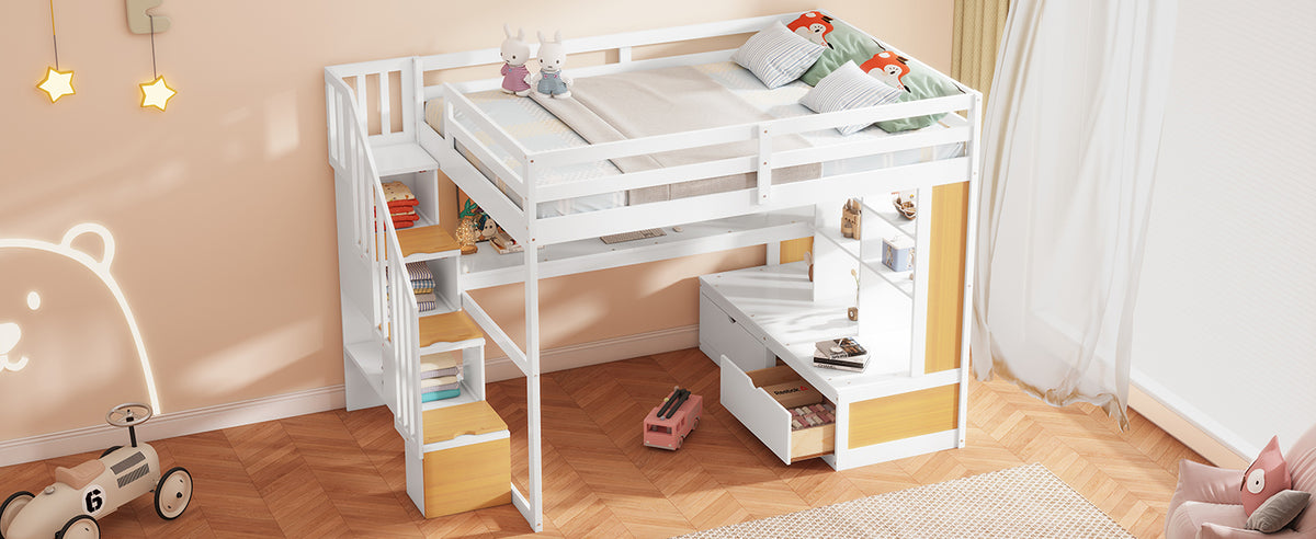 Full Size Loft Bed With Desk And Shelves, Two Built-in Drawers, Storage Staircase