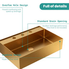20"x14" Integrated Brushed Gold Stainless Steel Sink