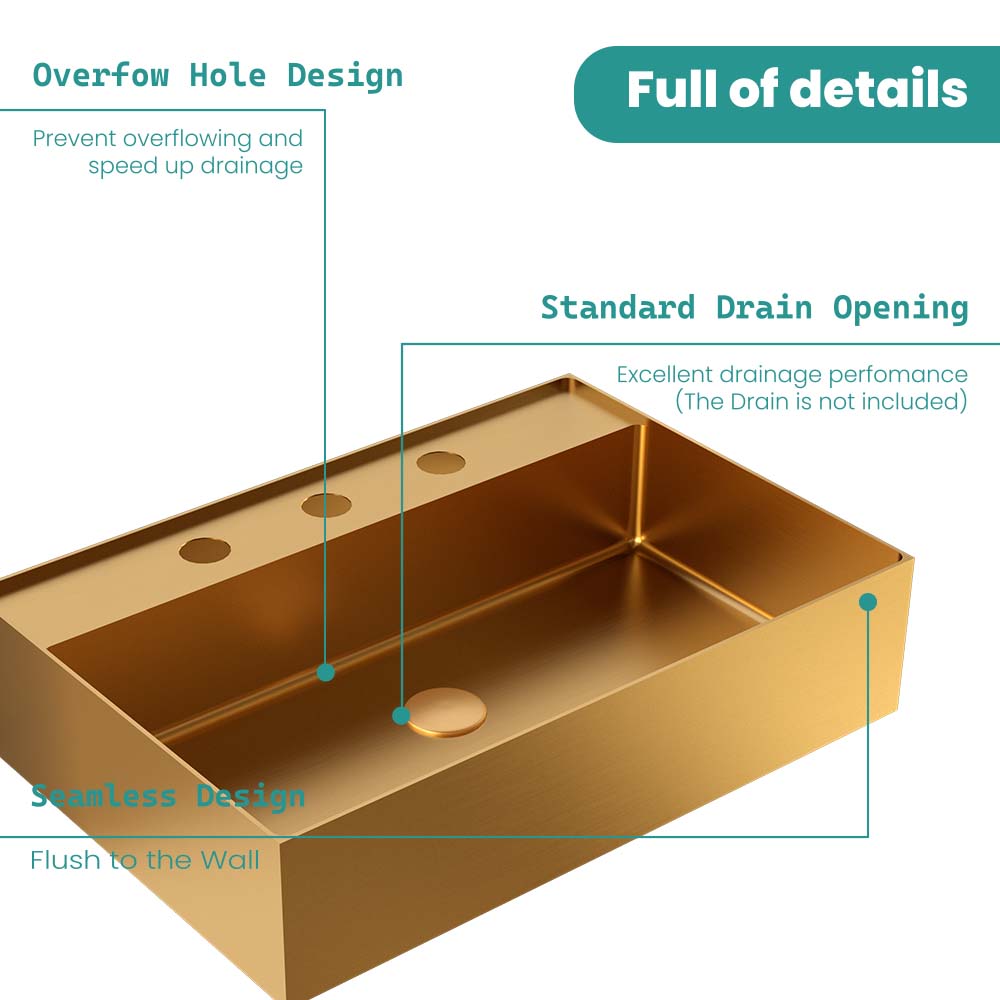 20"x14" Integrated Brushed Gold Stainless Steel Sink