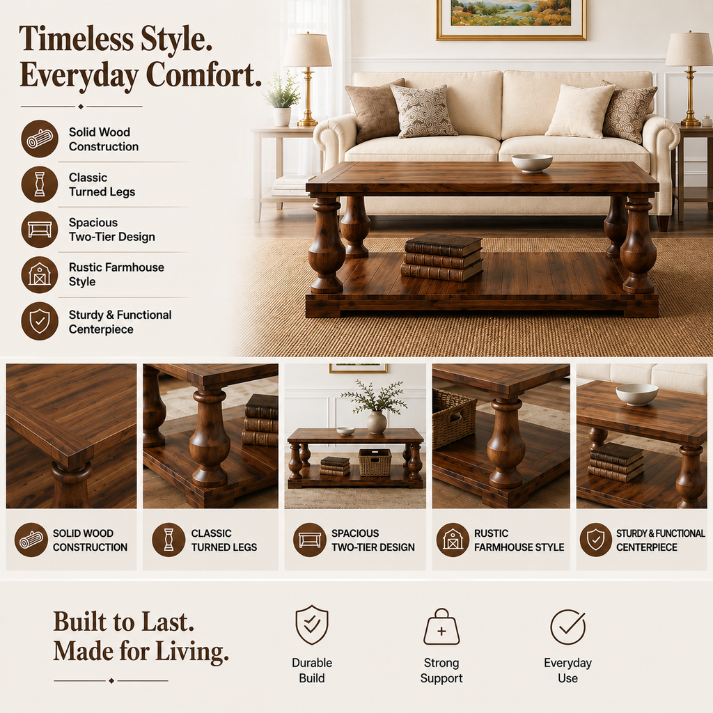 Farmhouse Coffee Table with Storage Shelf, Solid Pine Wood, Walnut