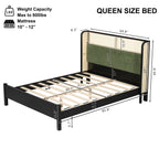 Queen Size Bed Frame with Green Upholstered Headboard