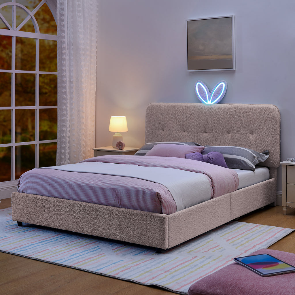 Queen Size Kids Upholstered Bed with Rabbit Ear Headboard