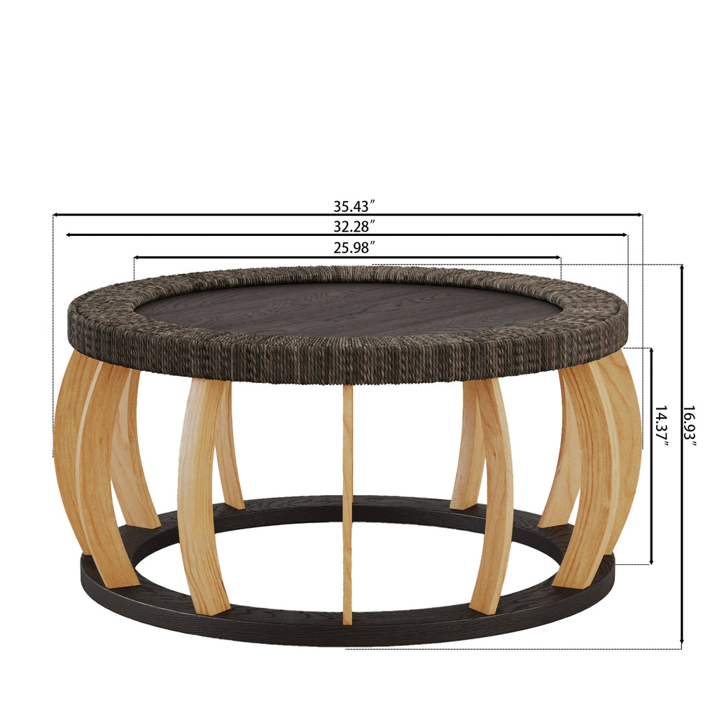 Vintage Rattan Solid Wood Round Coffee Table