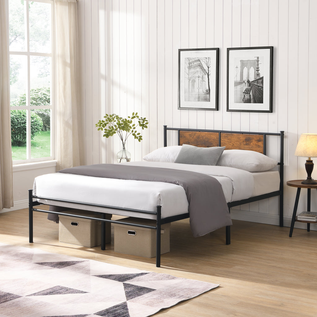 Queen Size Metal Bed Frame with Wood Panel Decoration
