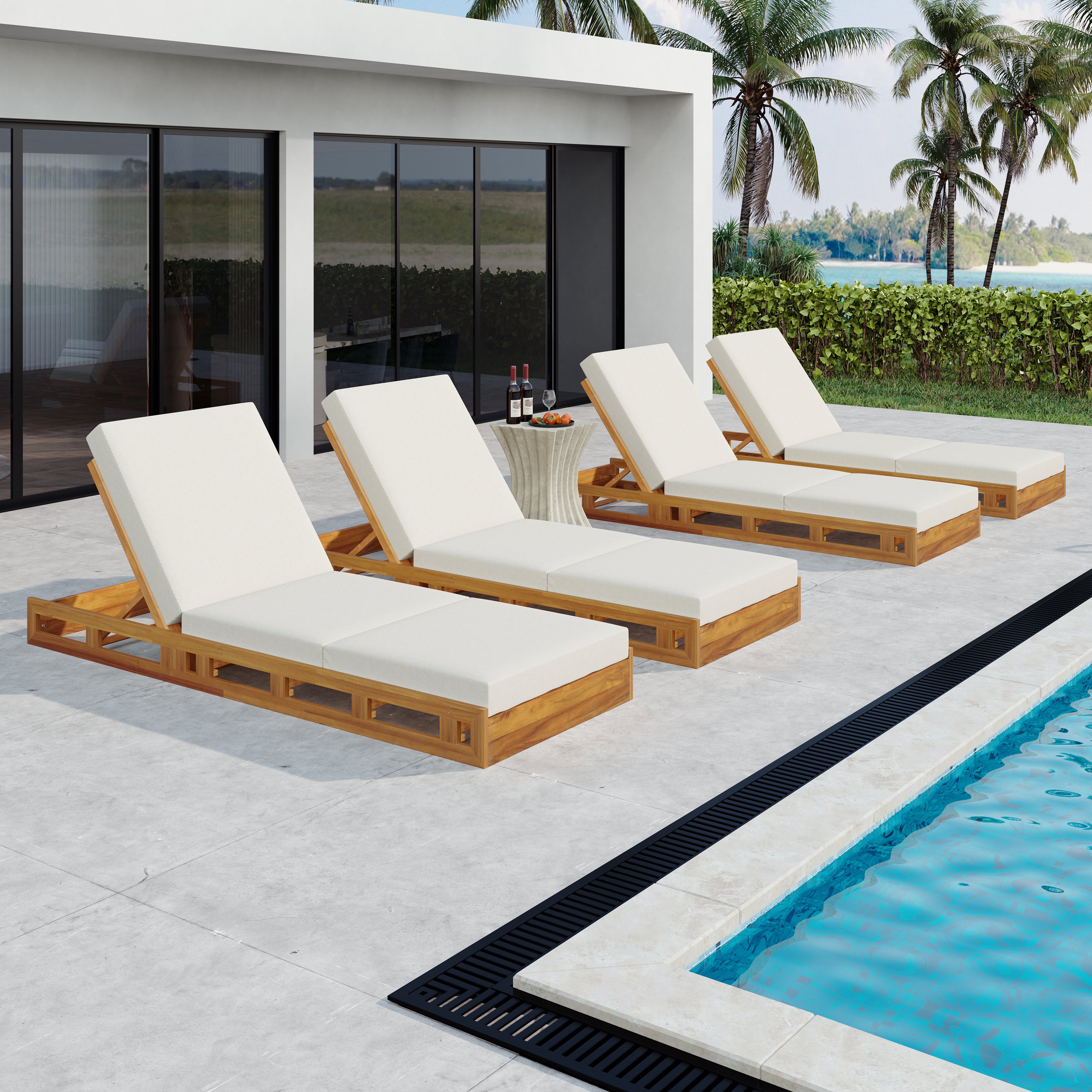 Lounge Chaise Set in Acacia Solid Wood with Lounge Cushion