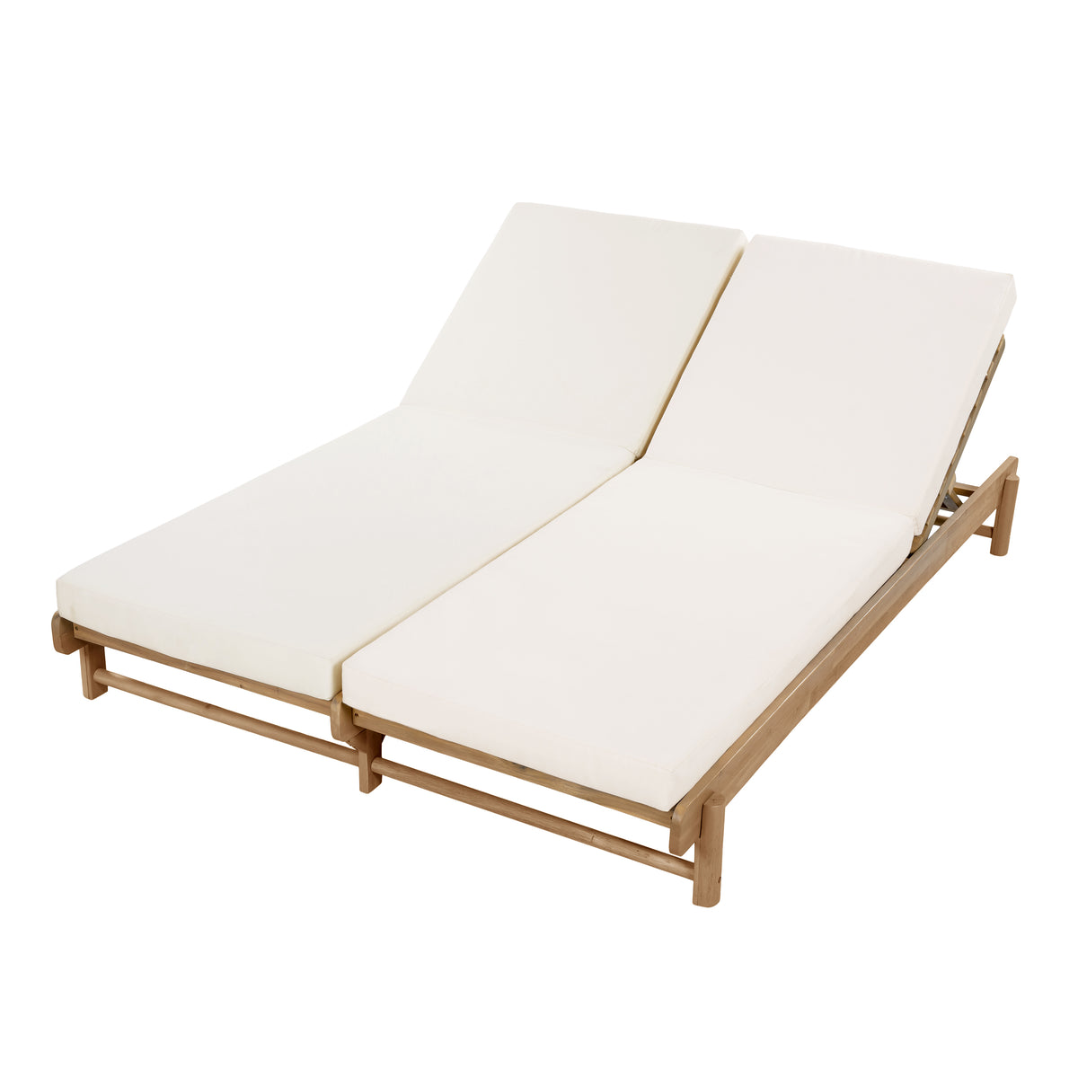Light Teak Acacia Wood Double Chaise Lounger Set: 1 Frame + 2