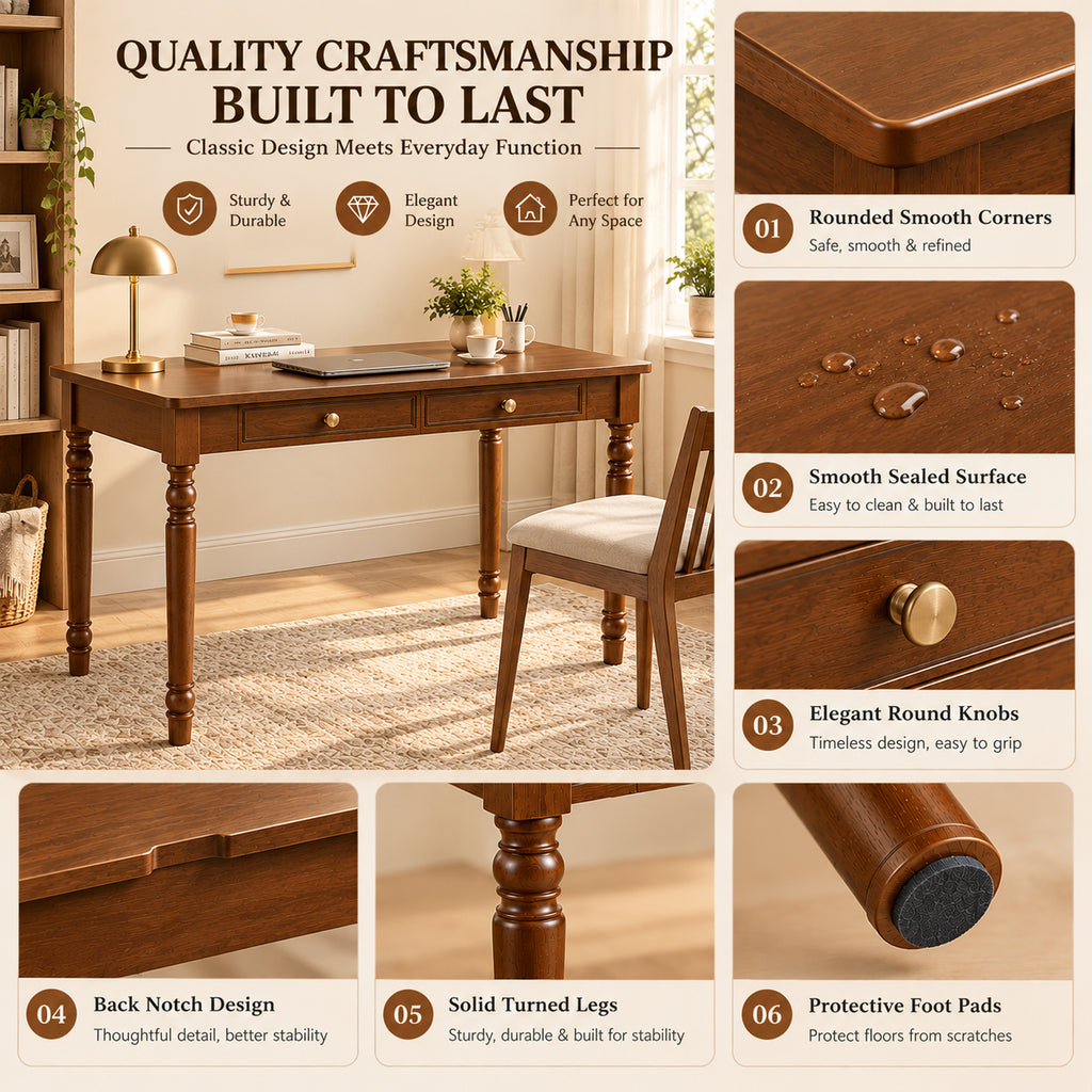 47.2-Inch Walnut Rubber Wood Writing Desk with Drawers, French Country