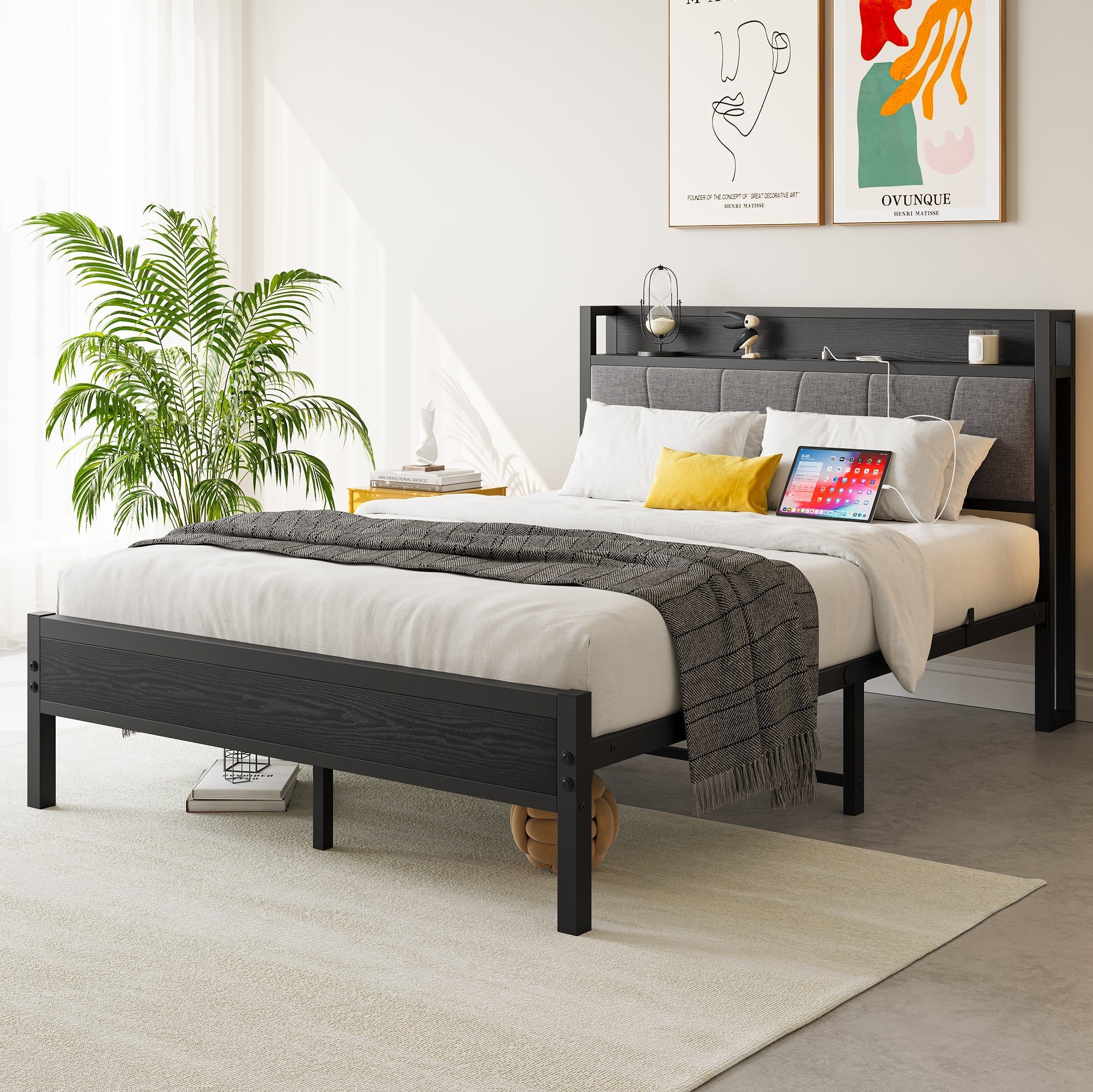 Full Size Bed Frame Storage Headboard with Charging Station