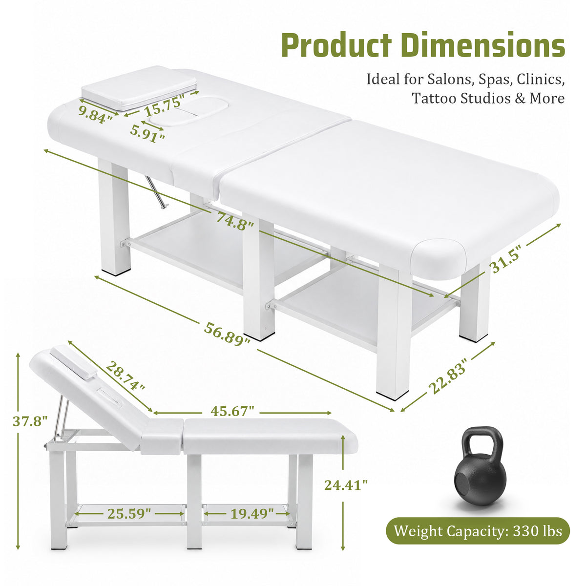 74.8-Inch Wide Massage Bed with Adjustable Backrest, Removable Headrest, White