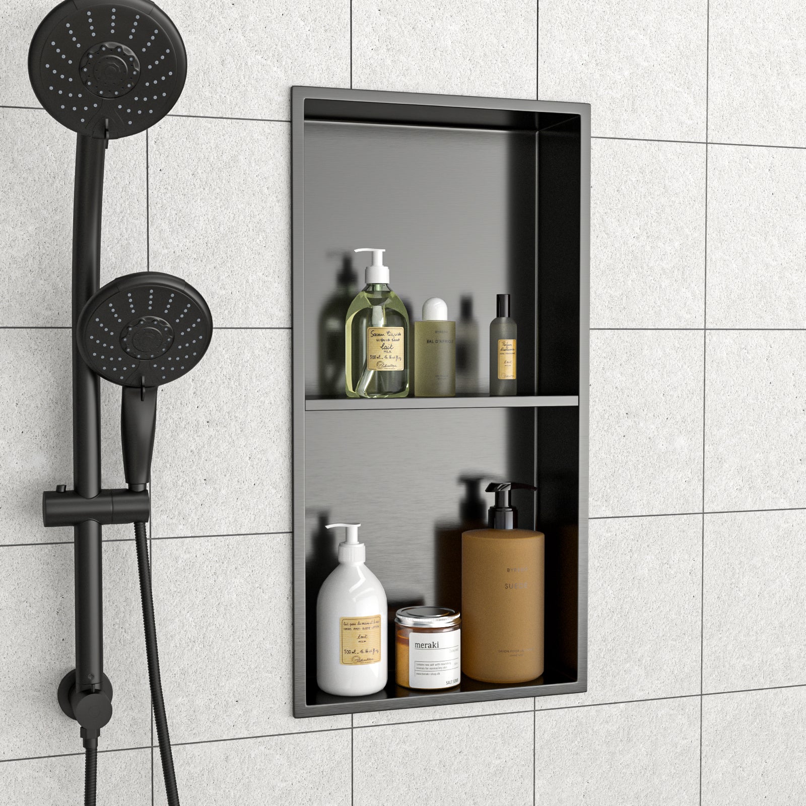 Stainless Steel Shower Niche Double Shelf - Gunmetal Finish
