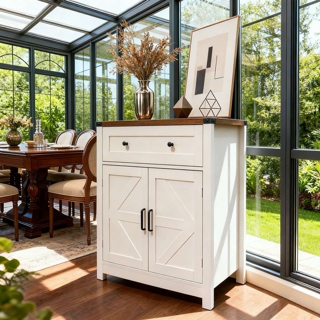 White & Wood-Grain Top Farmhouse Barn-Door Storage Cabinet