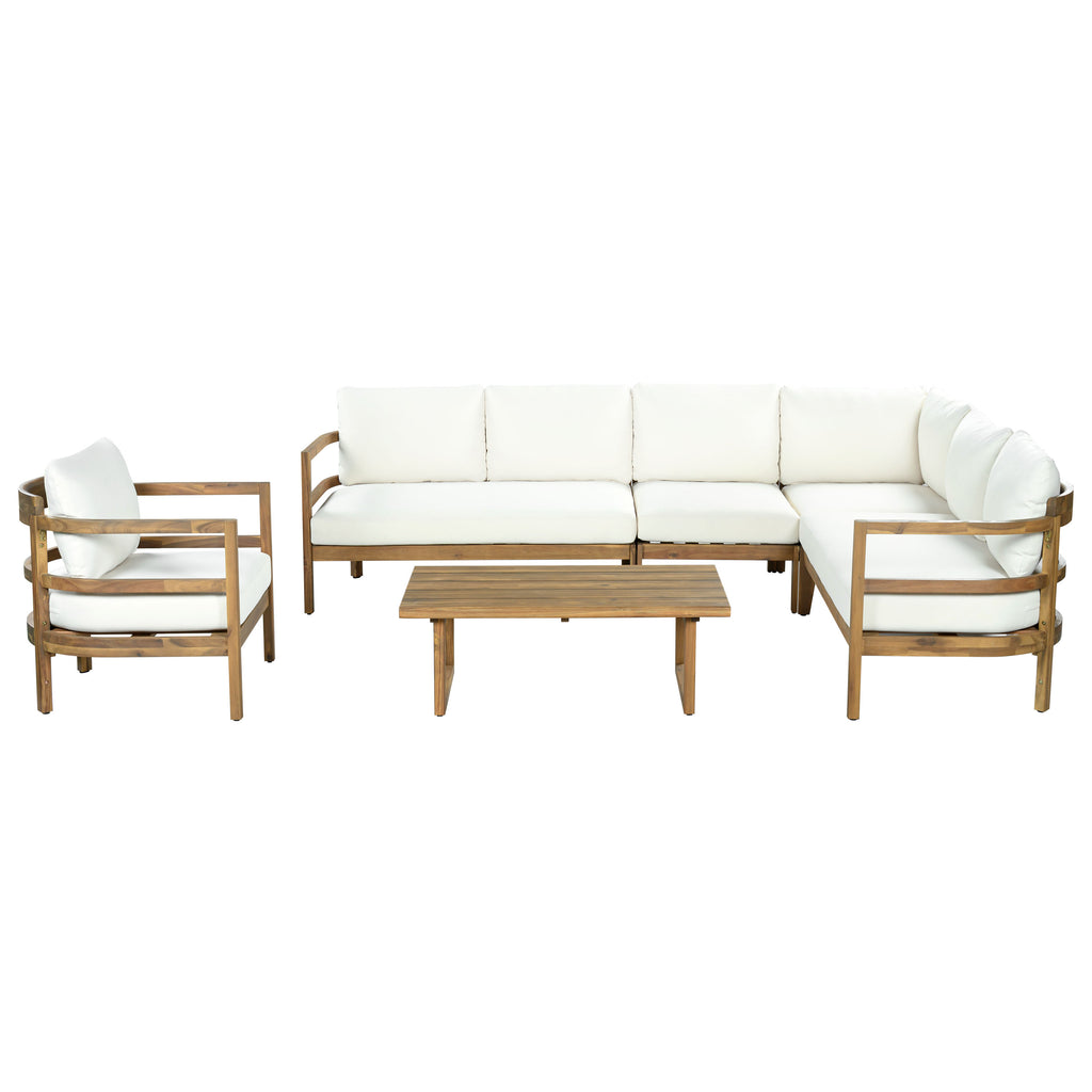 Outdoor Acacia Wood 6-Seater Sectional Sofa Set