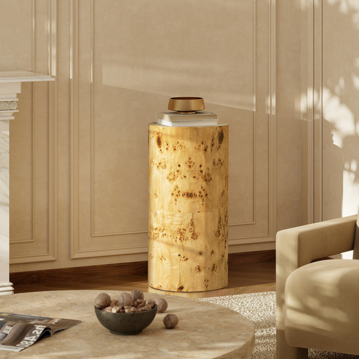 Nebula 29.5-Inch Burl Wood Accent Pillar Side Table, Warm Brown