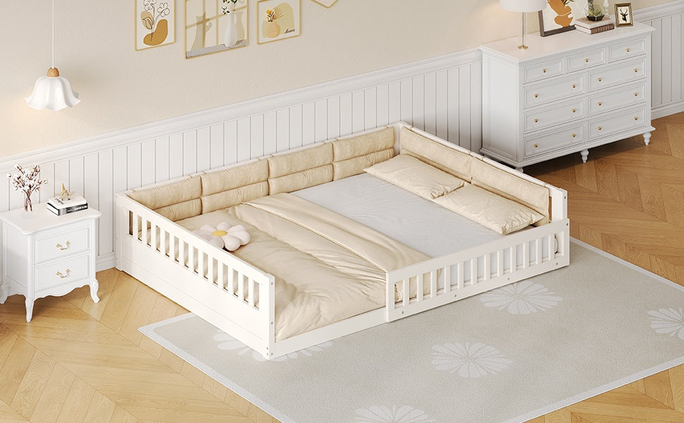 Wood Full Size Upholstered Platform Bed with Guardrail and Pillow