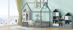 Full Size Wood House Bed with Fence and Door