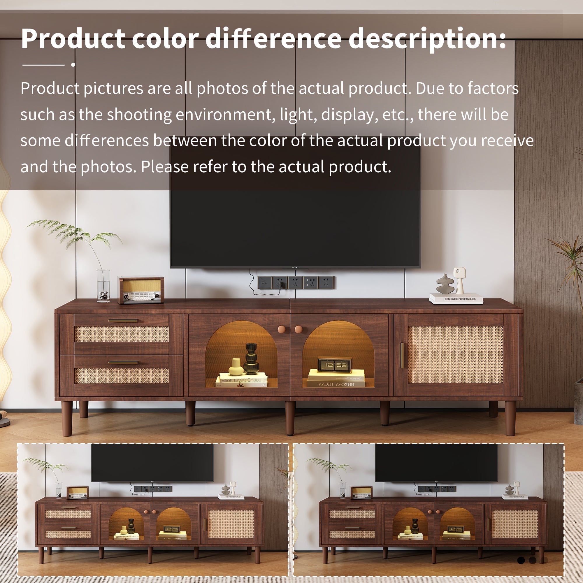 Rattan TV Stand with 3 Cabinets and 2 Drawers