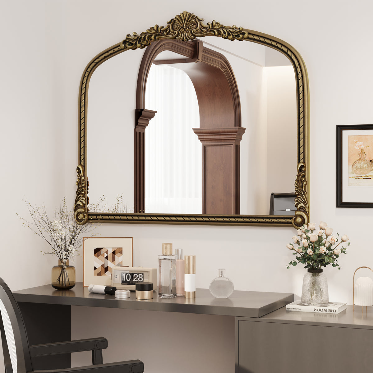 36.61-Inch Arch Vintage Relief Mirror, Antique Gold