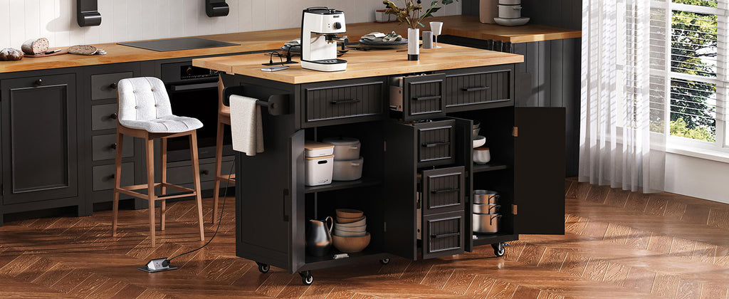 K&K 56.5'' Kitchen Island with Drop Leaf and Power Outlet