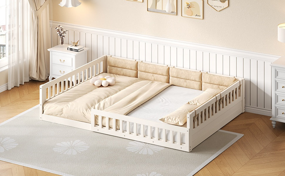 Wood Full Size Upholstered Platform Bed with Guardrail and Pillow