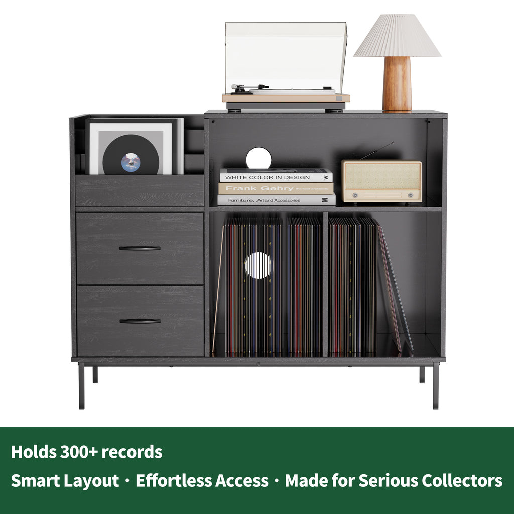 Record Player Stand with Power Outlet & Flip-Down Lid